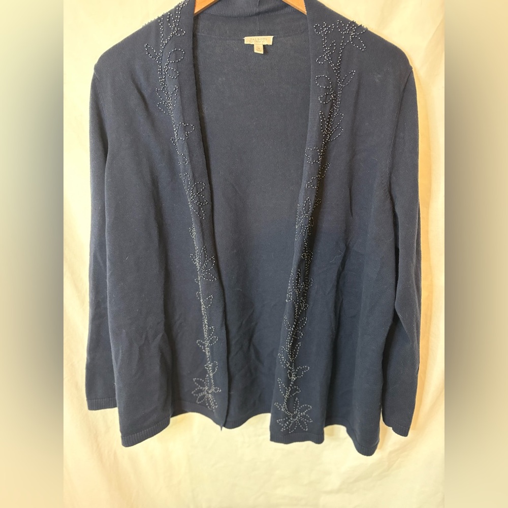 Talbots Elegant Navy Blue Women's Embroidered Cardigan - Picture 3 of 6